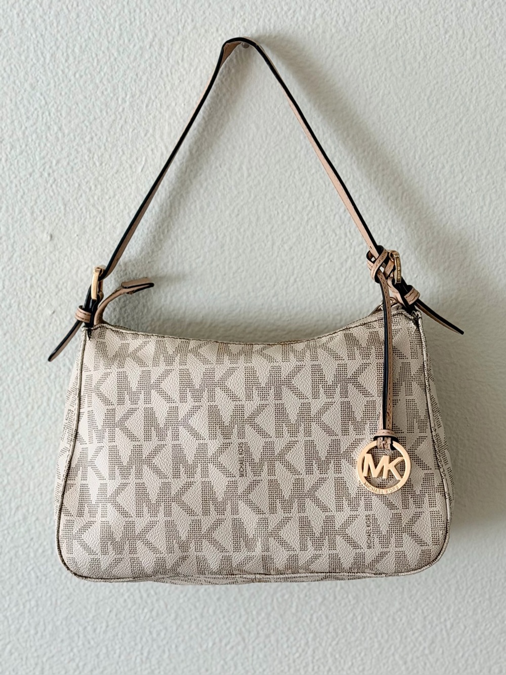 Michael Kors Classic Beige Leather Shoulder Monogram Bag Beige Strap Gold Accent